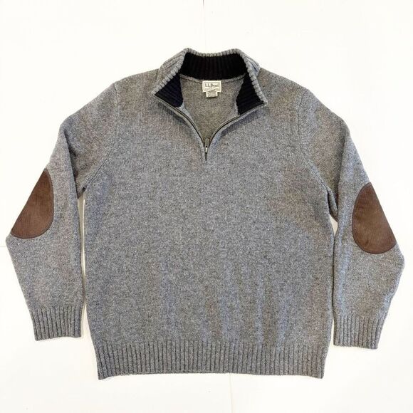 VTG L.L.Bean Elbow Patch Sweater 1/4 Zip 100% Wool Size M Grey Academicia - Picture 1 of 6